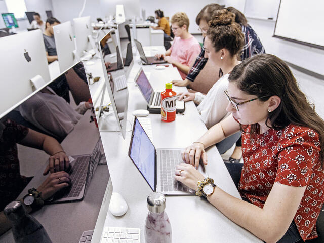 Students using computers in a computer lab.