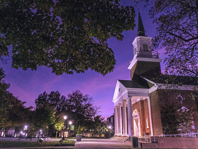 Baker Memorial Chapel at night