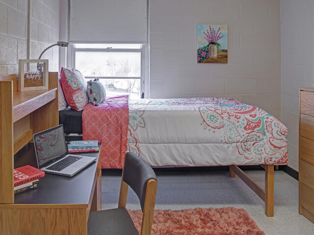 dorm room with bed, desk and dresser