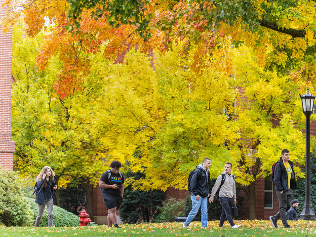 students walk on campus in the Fall