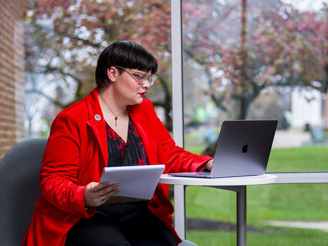 A student sits in front of a window looking at a laptop.