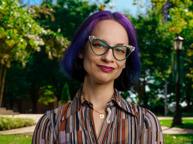 Headshot of professor Virginia Berndt outside.