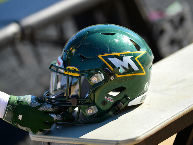 McDaniel football helmet on bench