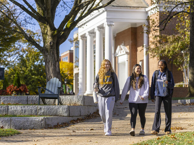 3 students walk on campus with fall leaves in the background