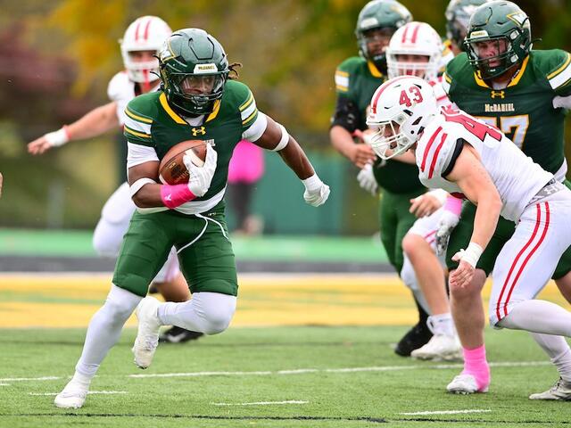 Micajah Cobbs '26 runs upfield versus Dickinson in the 2025 Homecoming game.