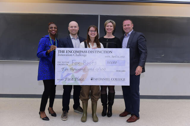 McDaniel student Rachael Fox, an Environmental Studies major, and her Fox Boots earned the top prize at the fourth Innovation Challenge finals.