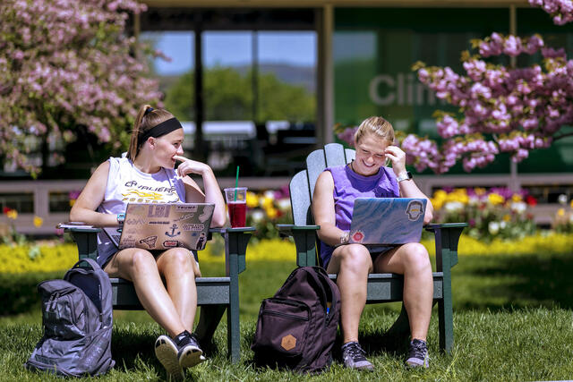 Students sitting in outdoor chairs on campus.