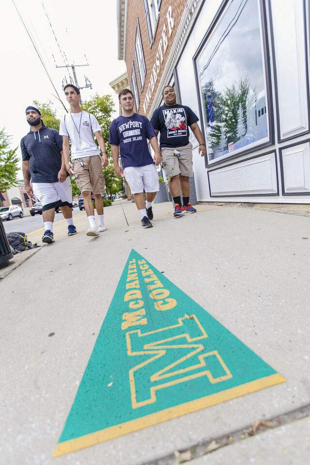 Students walking around downtown Westminster during McDaniel Local.
