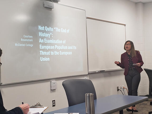 student Courtney Rosenstiehl gave a presentation called “Not Quite 'The End of History': An Examination of European Populism and its Threat to the European Union” at the Maryland Collegiate Honors Conference