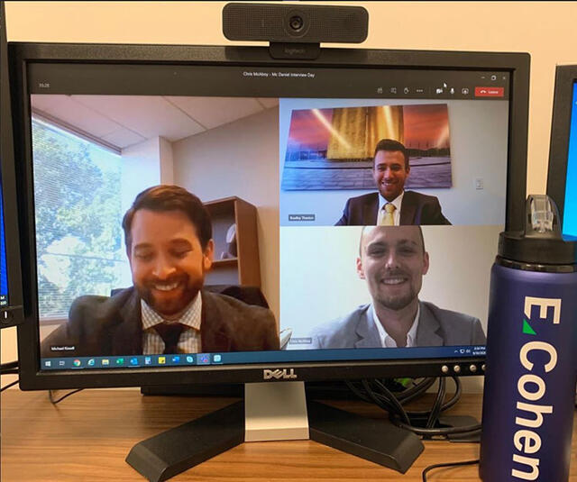 Michael Kissell (left) and Brad Thaxton ’19 (top right) from E Cohen & Company interview senior Accounting major Chris McAboy.