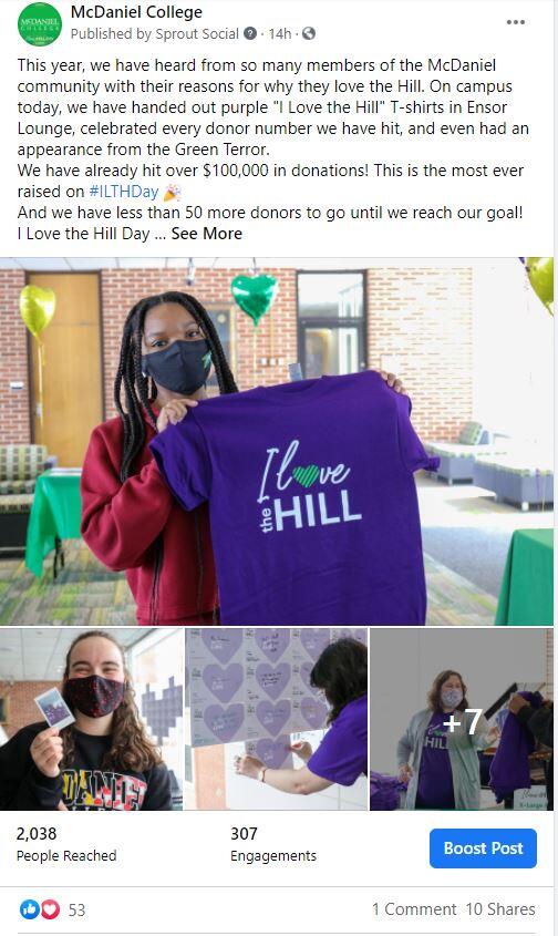 This year, we have heard from so many members of the McDaniel community with their reasons for why they love the Hill. On campus today, we have handed out purple "I Love the Hill" T-shirts in Ensor Lounge, celebrated every donor number we have hit, and even had an appearance from the Green Terror. We have already hit over $100,000 in donations. This is the most ever raised on #ILTHDay. And we have less than 50 more donors to go until we reach our goal!