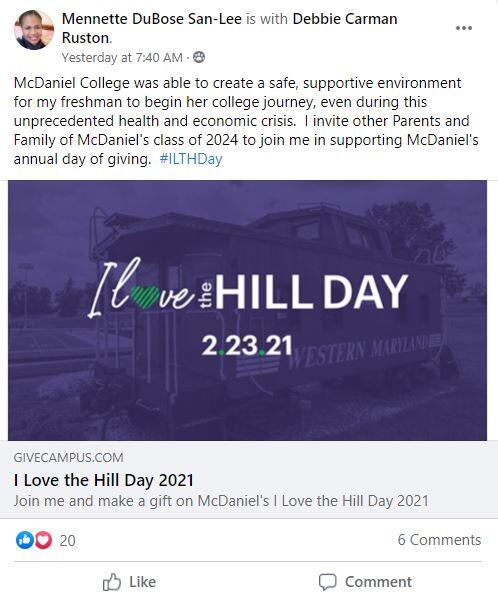McDaniel College was able to create a safe, supportive environment for my freshman to begin her college journey, even during this unprecedented health and economic crisis. I invite other Parents and Family of McDaniel's class of 2024 to join me in supporting McDaniel's annual day of giving.  