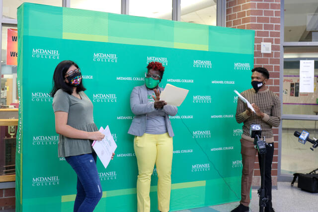 Diana Flores was surprised on Wednesday, March 24 at Winters Mill High School with a Dorsey Scholarship to McDaniel College.