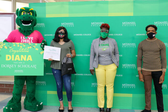 Diana Flores was surprised on Wednesday, March 24 at Winters Mill High School with a Dorsey Scholarship to McDaniel College.