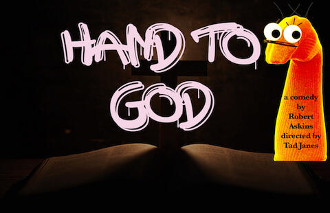 Hand to G-d logo, with mischievous hand puppet overlooking Bible