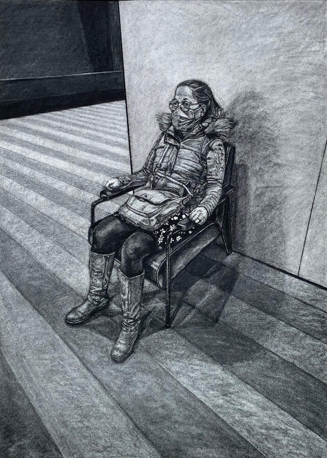 Pearson-Overwhelmed - artist sketch of person in chair wearing mask
