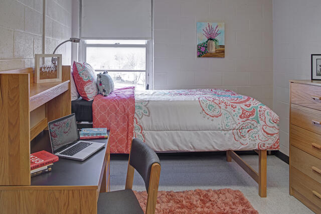 dorm room with bed, desk and dresser
