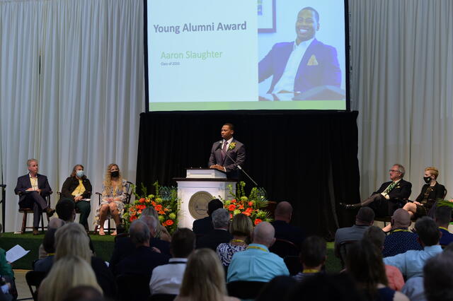 Aaron Slaughter at the Alumni Association Awards Banquet, Young Alumni Award 2020