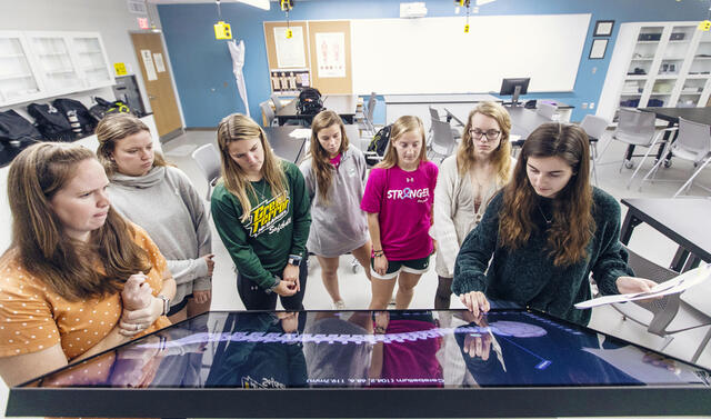 Students using a large touchscreen to view anatomy.