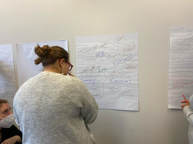 Girl standing in front of paper with writing on it