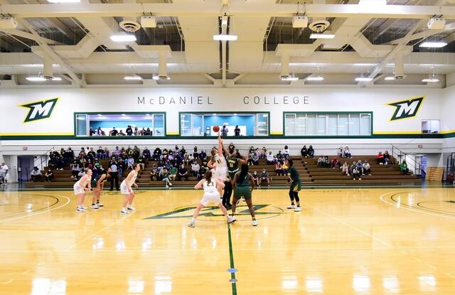 Photo of a basketball game in Gill Center at McDaniel.
