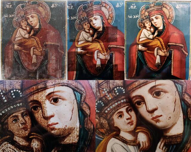 Five images of restoration progress on a painting of Madonna with child.