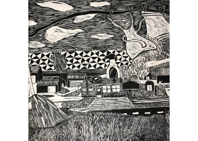 A black and white painting of a landscape 