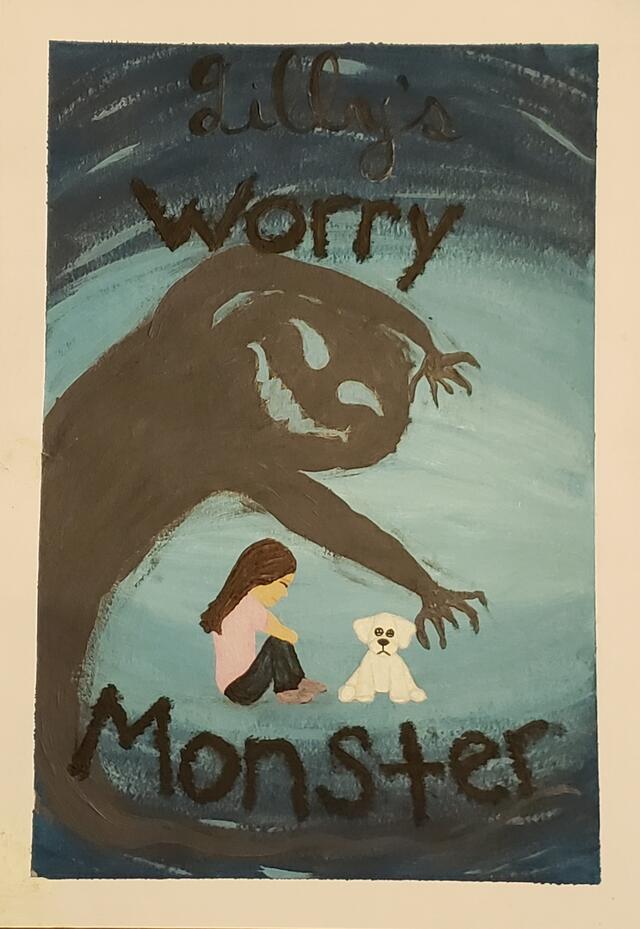 A painting of a monster looking over a child and her dog 