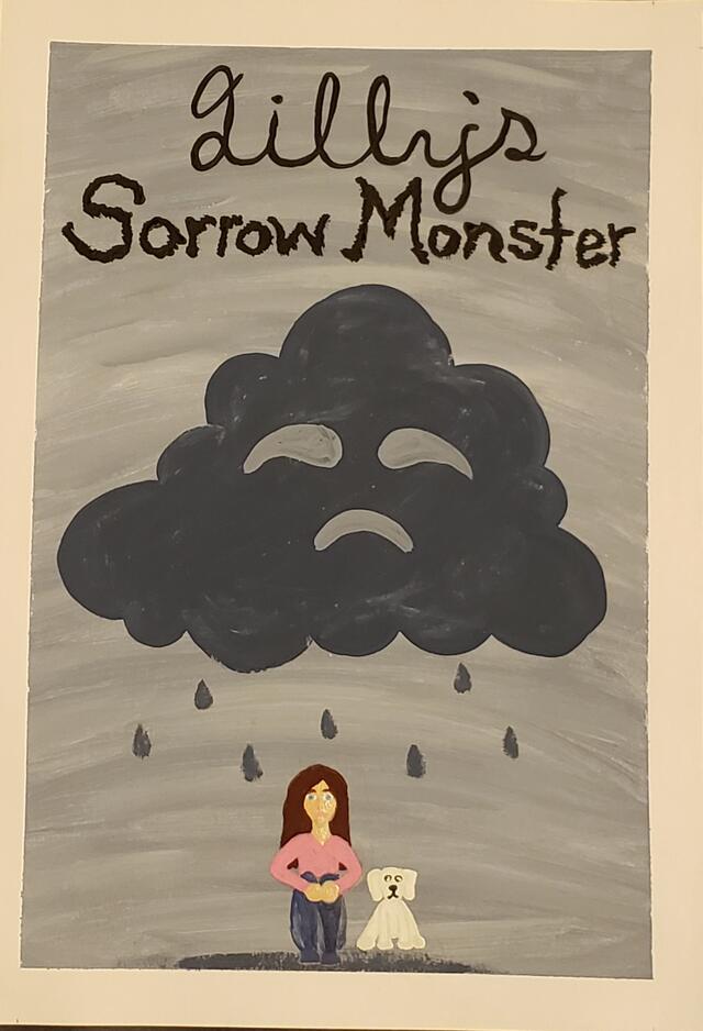 A painting of an upset cloud raining on a child. 