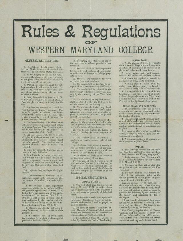 Photo of the Western Maryland College Rules and Regulations.