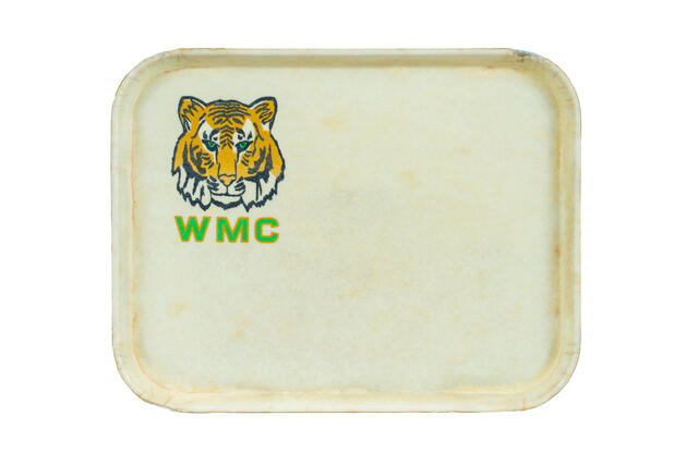 Photo of WMC dining tray with tiger mascot and WMC in the corner.