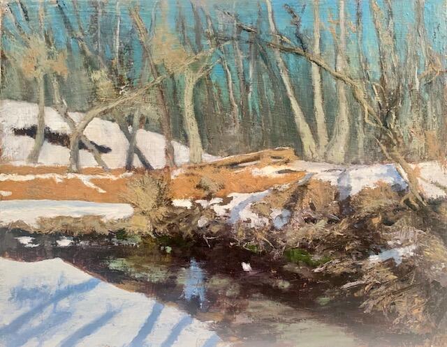 Painting of the woods covered in snow.