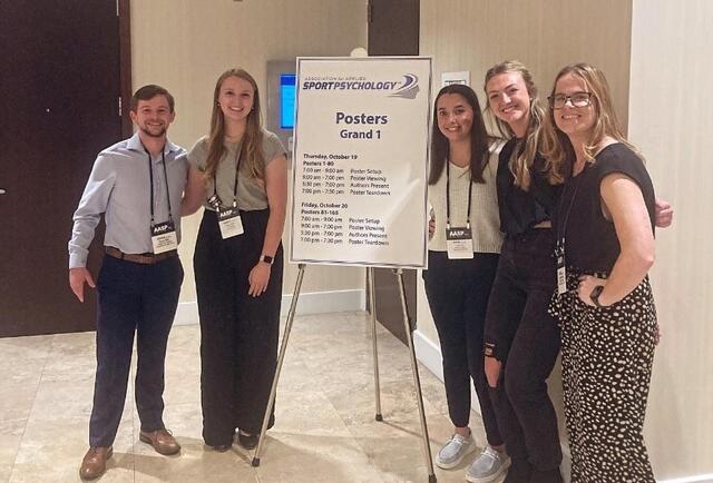 Evan Darr '23, Madalyn Bigley '23, Katie Klein, Lauren Murray '22, and Jessica Ford at the 2023 AASP Conference (l-r).