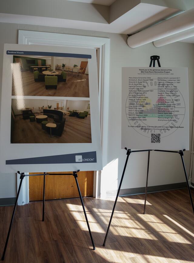 2 large displays on easels - the left display is 2 images of the BSU clubroom with furniture arranged, the right display is a list of contributors and supporters of the renovation project