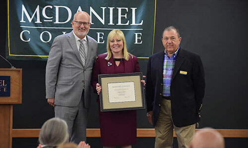 McDaniel President Roger Casey, AACC President Dawn Lindsay, McDaniel BOT President Marty Hill 