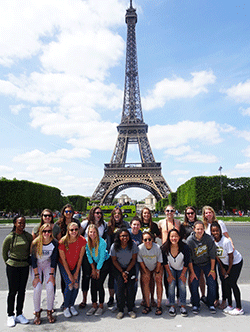 McDaniel's women's basketball team in front of the Eiffel Tower in Paris, France.
