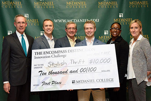 Innovation Challenge judges are (l. to r.) Steve Chapin, Jr., Lee Jokl, Steven Kousouris, Innovation Challenge winner William Martin, Tiombe Page and Jenny McWhorter.