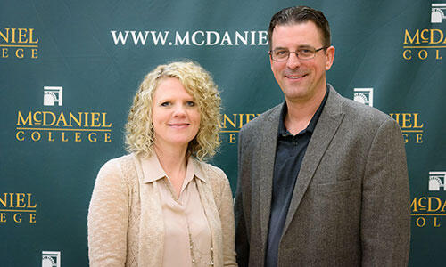 McDaniel Provost Julia Jasken with Nora Roberts Foundation Faculty Award for Community Engagement honoree Chemistry professor Dana Ferraris. Not pictured but also an honoree is Chemistry instructor Stephen Robertson.