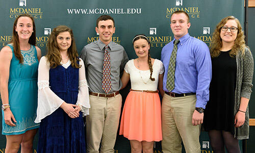 Omicron Delta Kappa Class of 2018, left to right, Kristen Upton, Savannah Dawson, William Giles, Hanna Murchake, Matthew Meagher, Tabitha Schade. (Not pictured are Christina DeJoseph and Camden Ostrander)