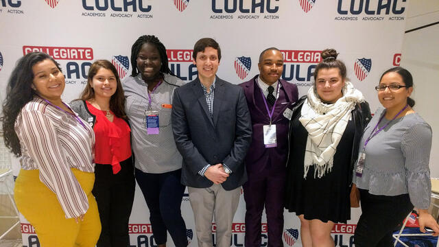 McDaniel students with Matthew Mongiello, assistant professor of Political Science and International Studies, at the 2019 League of United Latin American Citizens Emerge Latino Conference.