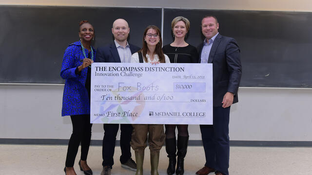 McDaniel student Rachael Fox, an Environmental Studies major, and her Fox Boots earned the top prize at the fourth Innovation Challenge finals.