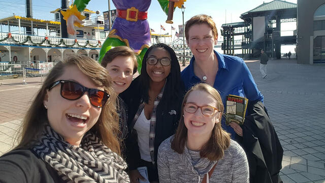 Biology professor Katie Staab (left) with research students Riley Palmer, Adelle Laniyan, Courtney Bohn and Biology professor Molly Jacobs in New Orleans.