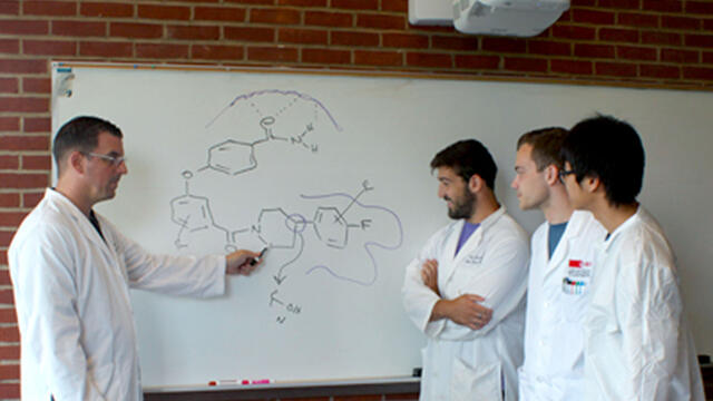 Student-faculty researchers senior Phuc Truong, senior Jake Holechek, Chemistry professor Dana Ferraris and senior Bobby Lease.