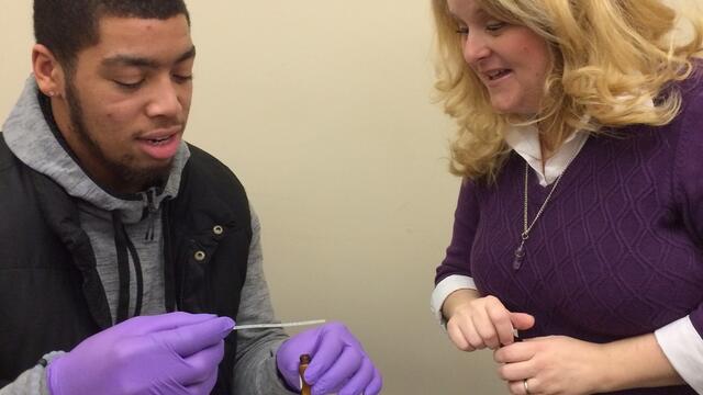 McDaniel student Anthony Crawley (left) tests different essential oils with therapist Shannon Jones in stress management 101