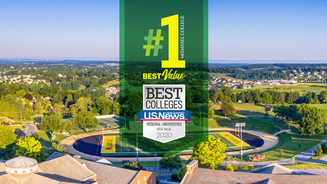 US News-#1 Best Value badge overlaid on McDaniel aerial campus view.