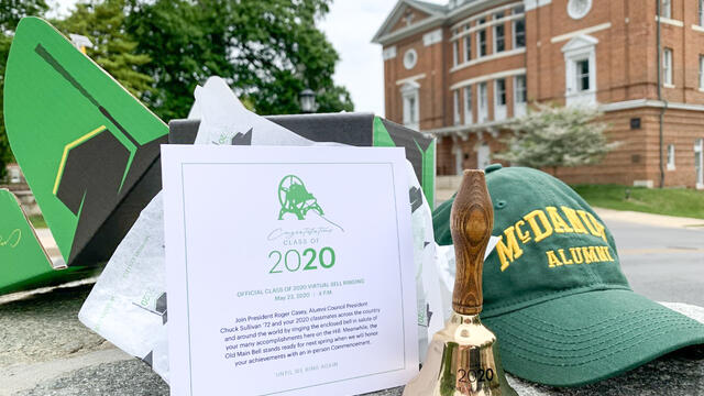 McDaniel graduates received their celebration in a box – their own commemorative bell to ring during the Zoom bell-ringing and a McDaniel baseball cap welcoming them to the Alumni Association.