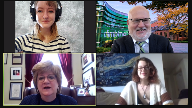 McDaniel students Rebecca Halaney and Madelaine Lee along with McDaniel College President Roger N. Casey met virtually with Delegate Susan W. Krebs, who represents Carroll County, on Maryland Independent Higher Education Day.