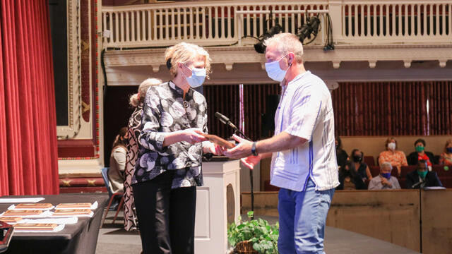 Steve Pearson, professor of Art, recognized by President Julia Jasken