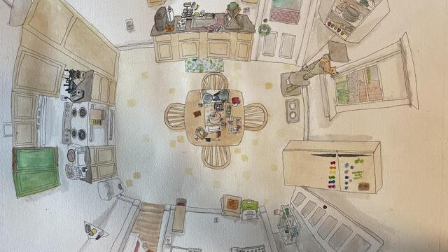 A painting of an overhead view of a kitchen. 
