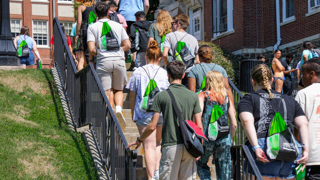 group of students walking up steps